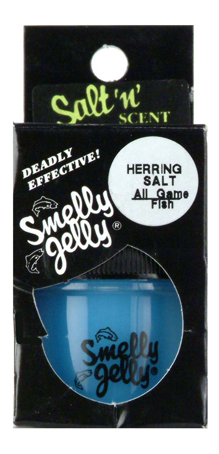 Smelly Jelly Pro Guide Herring Salt attractant bottle; scent lasts longer on lures.