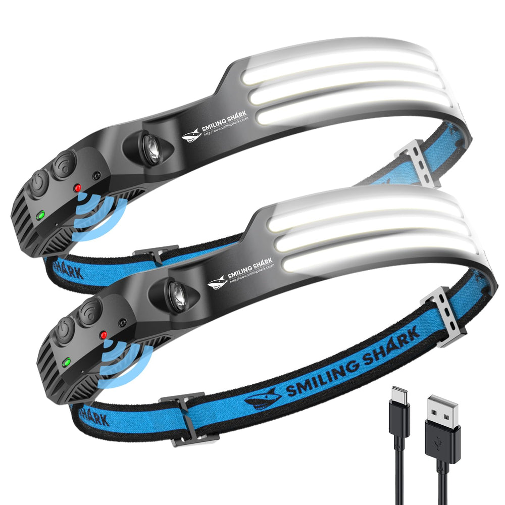 Smiling Shark headlamp with 230-wide-angle beam for hands-free outdoor visibility.