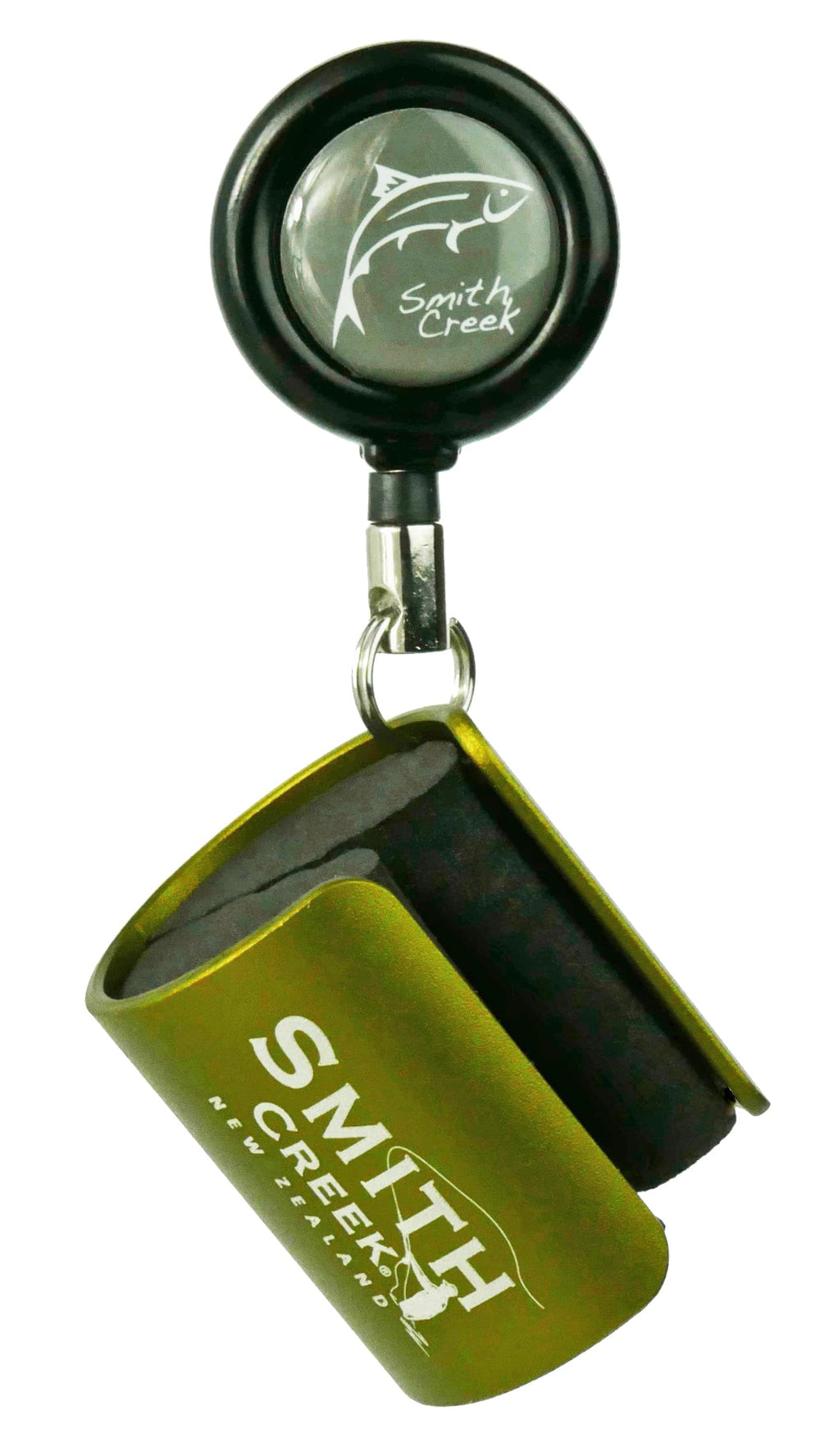 Smith Creek rod clip worn on belt for hands-free, on-the-go fishing.