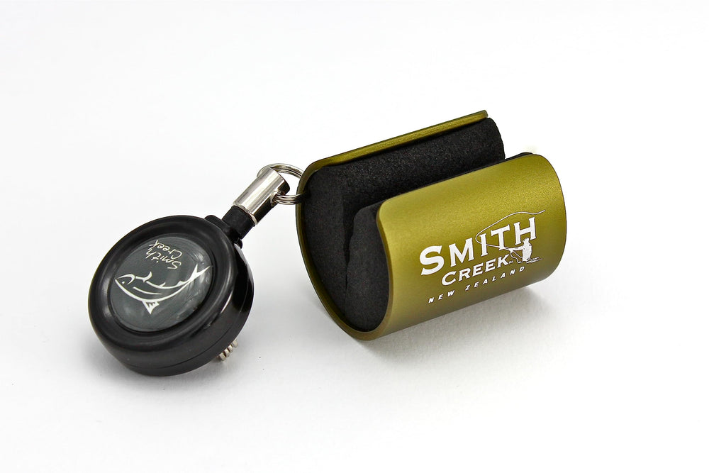 Smith Creek rod clip with Zinger, tested to 50,000 pulls for reliability.
