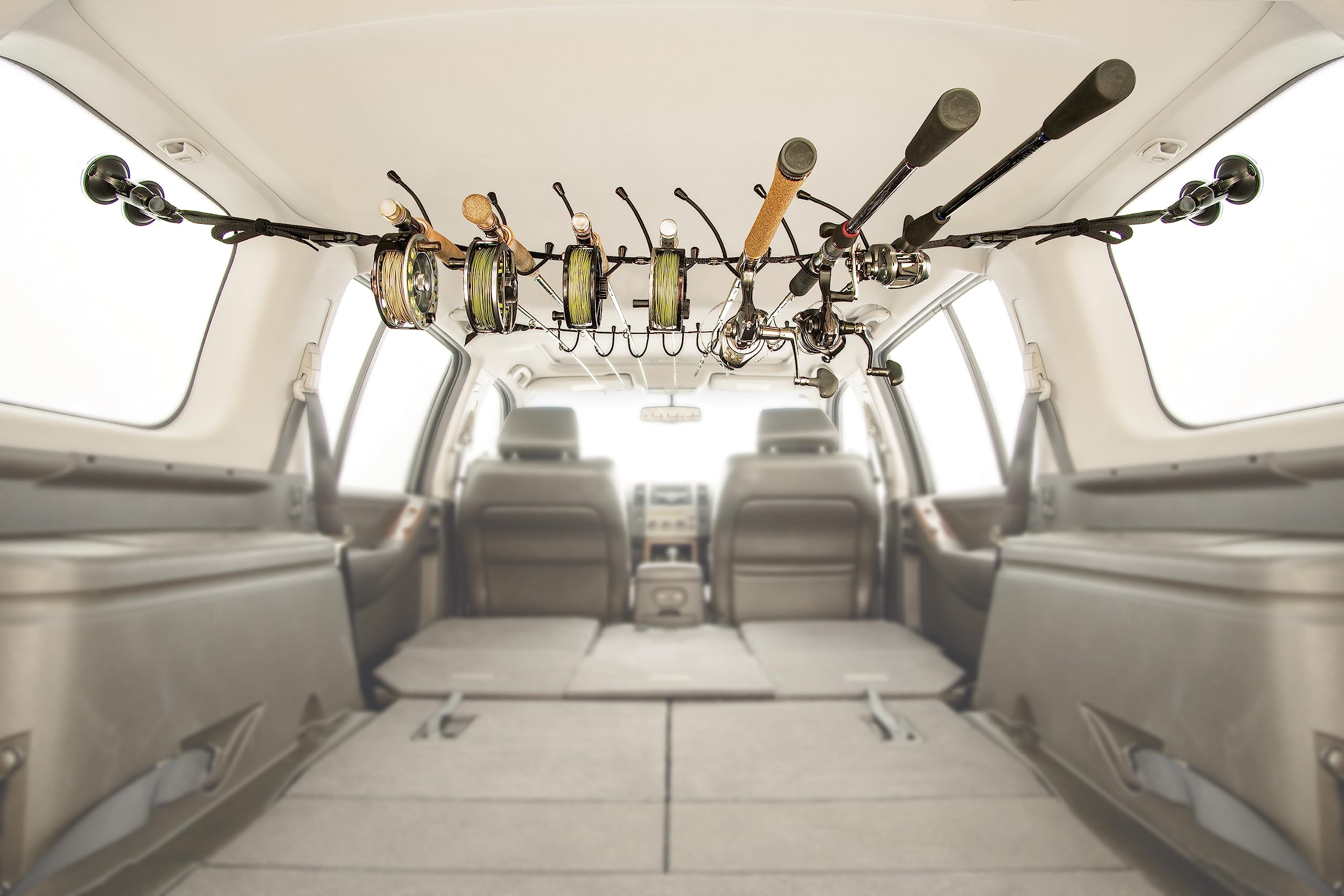 Smith Creek Rod Rack with suction cup mount secures rods during transit and reduces shift.