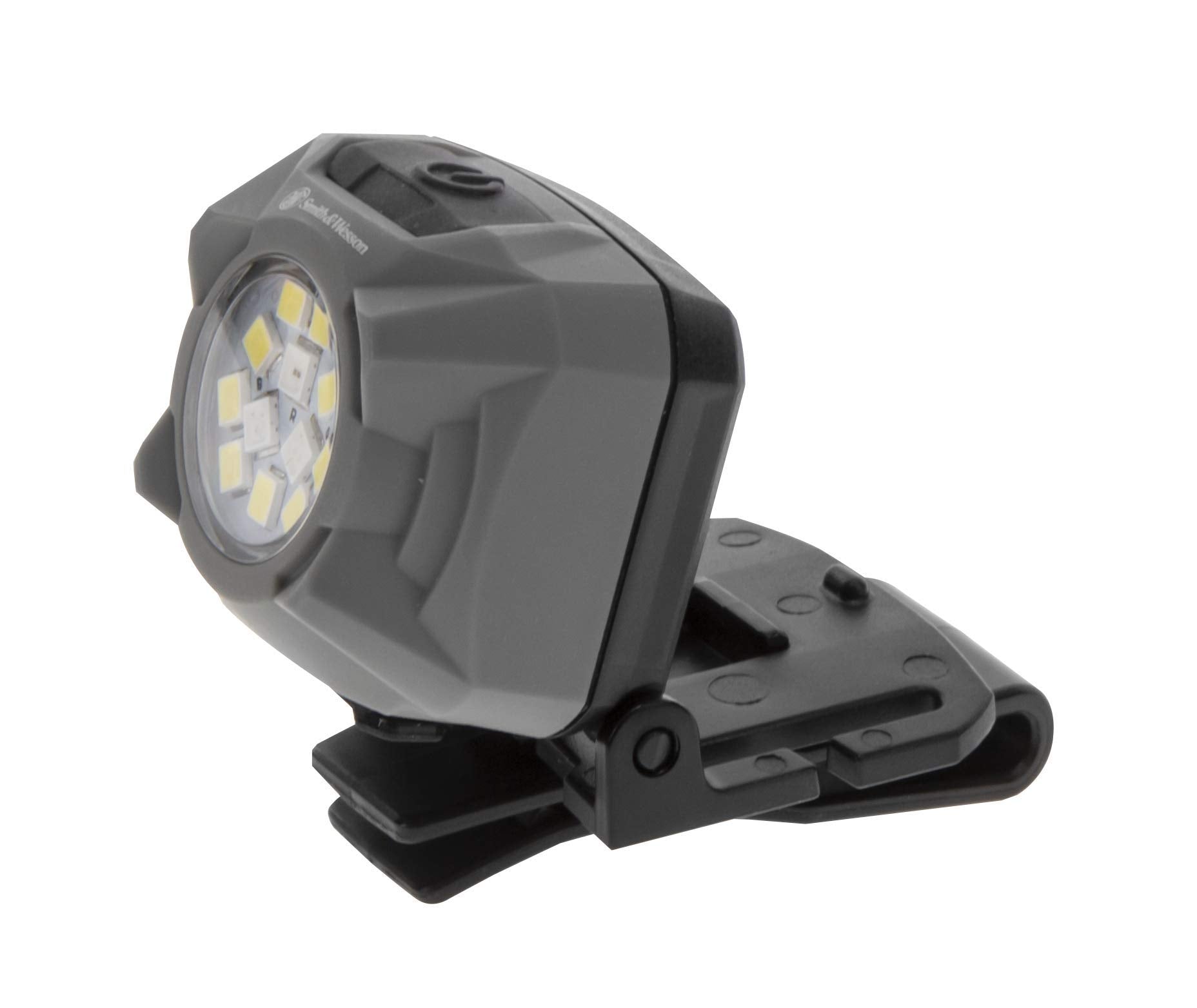Smith & Wesson Night Guard headlamp worn on the head for hands-free lighting during tasks.