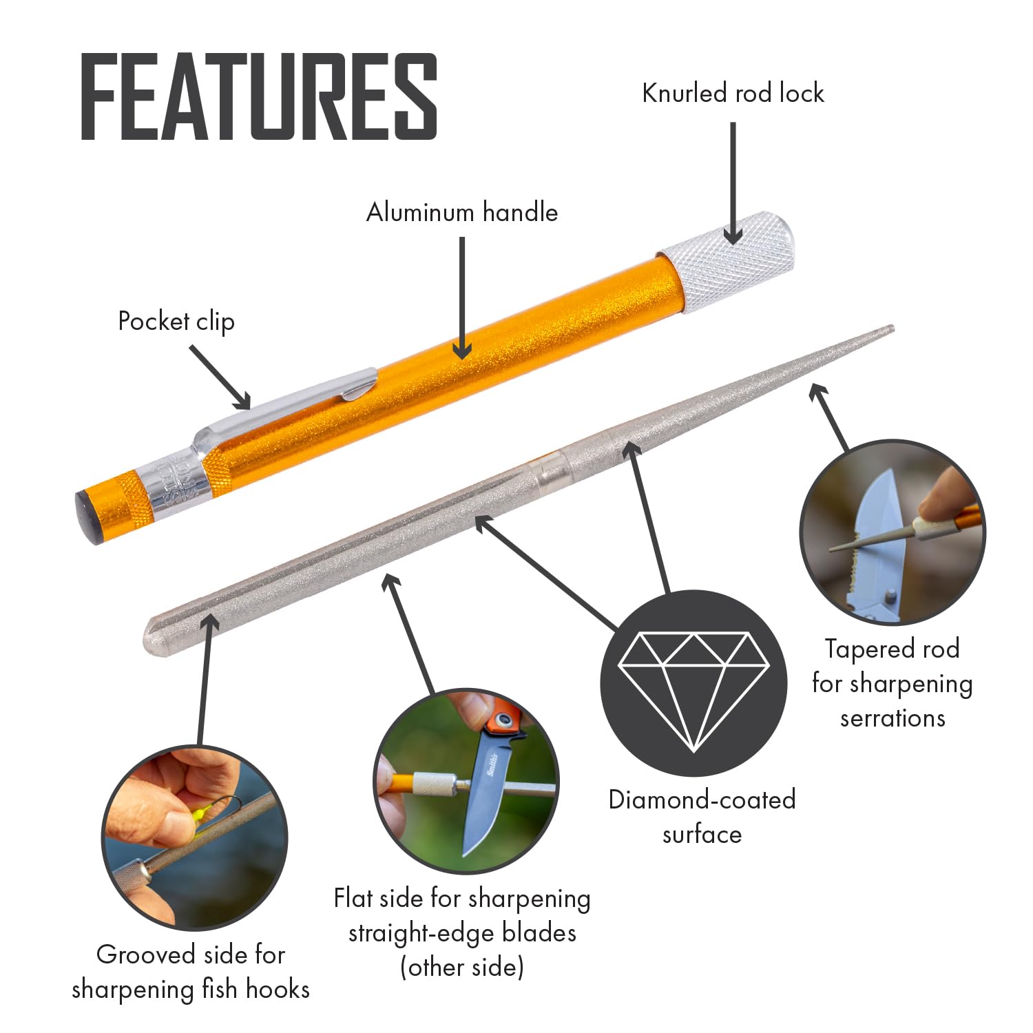 Diamond-coated steel sharpener housing protecting the rod