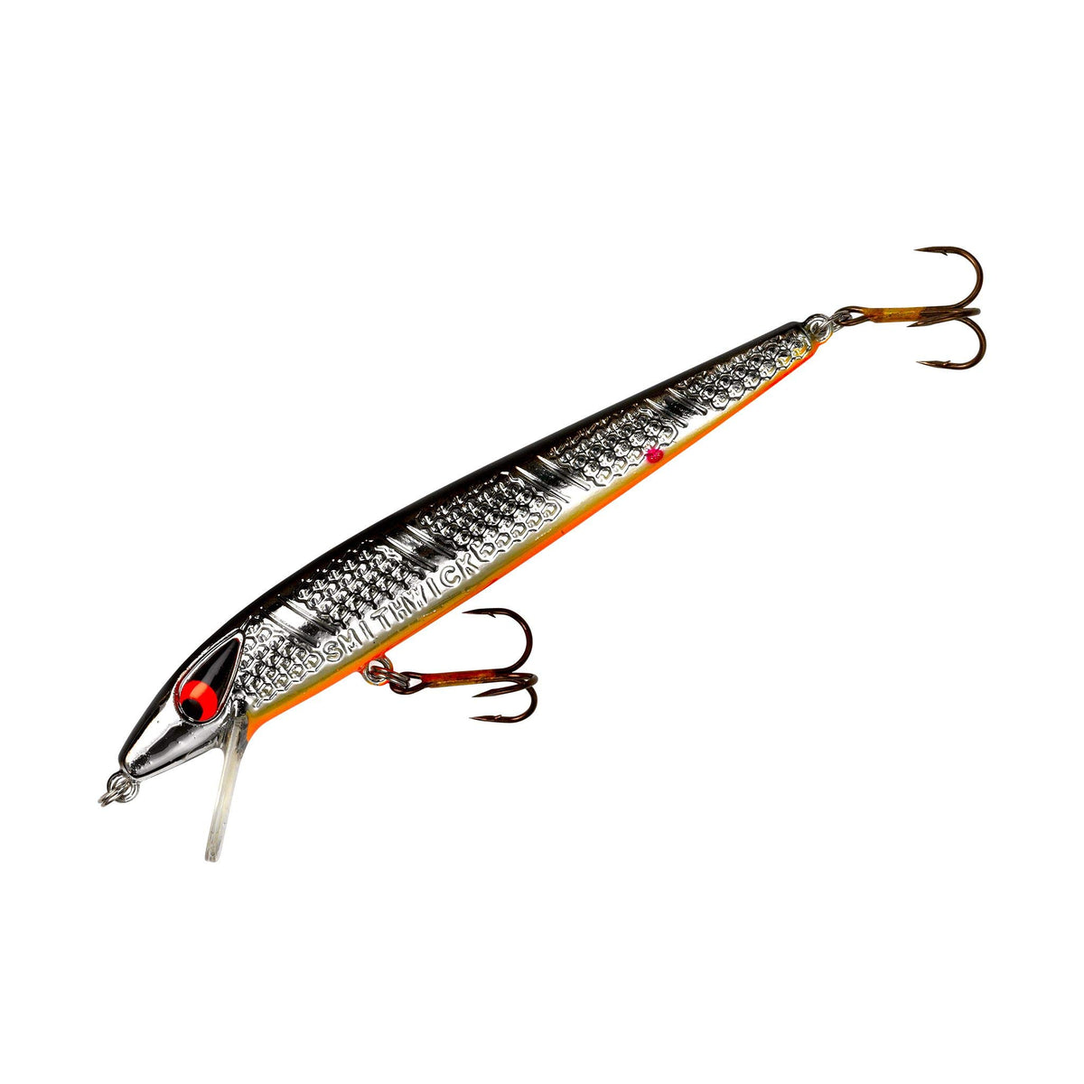 Smithwick Suspending Super Rogue Jr lure chrome body with orange belly for freshwater jerkbait action