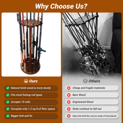 Solid wood fishing rod storage rack showcased as a floor stand