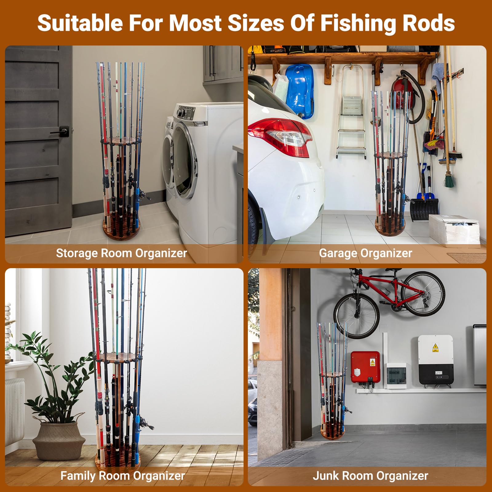 The wooden rod rack organized with multiple fishing poles