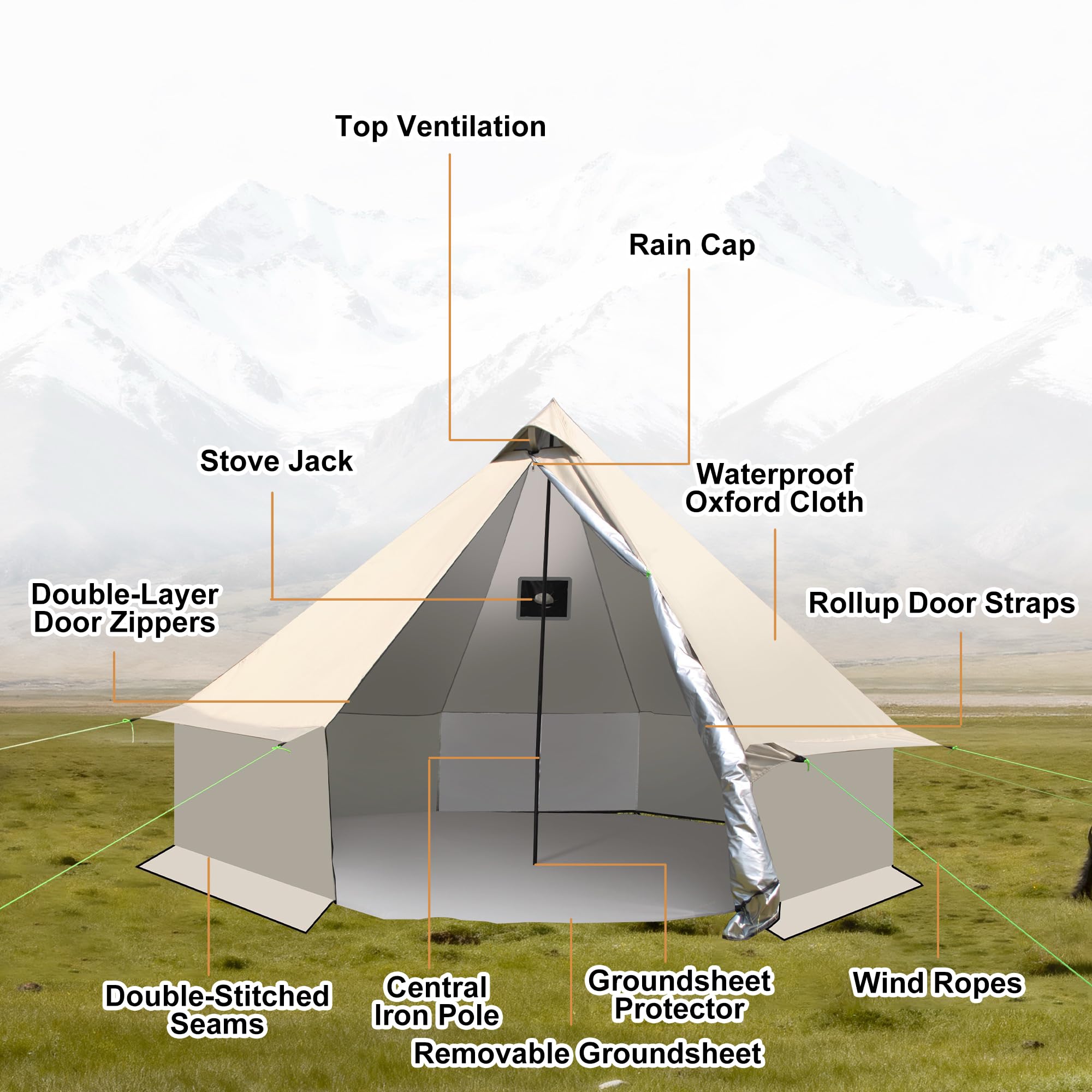 Smootor yurt tent stove jack roof demonstrates internal cooking capability for cold nights.