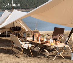 S'more folding picnic table side view highlighting its lightweight, versatile camping setup.