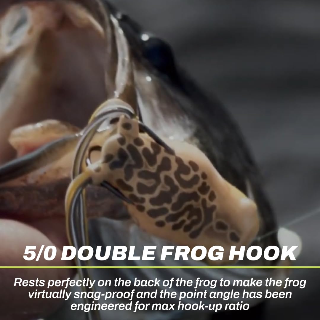 Custom 5/0 double frog hook for reliable hook sets in heavy cover