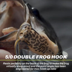 Custom 5/0 double frog hook for reliable hook sets in heavy cover