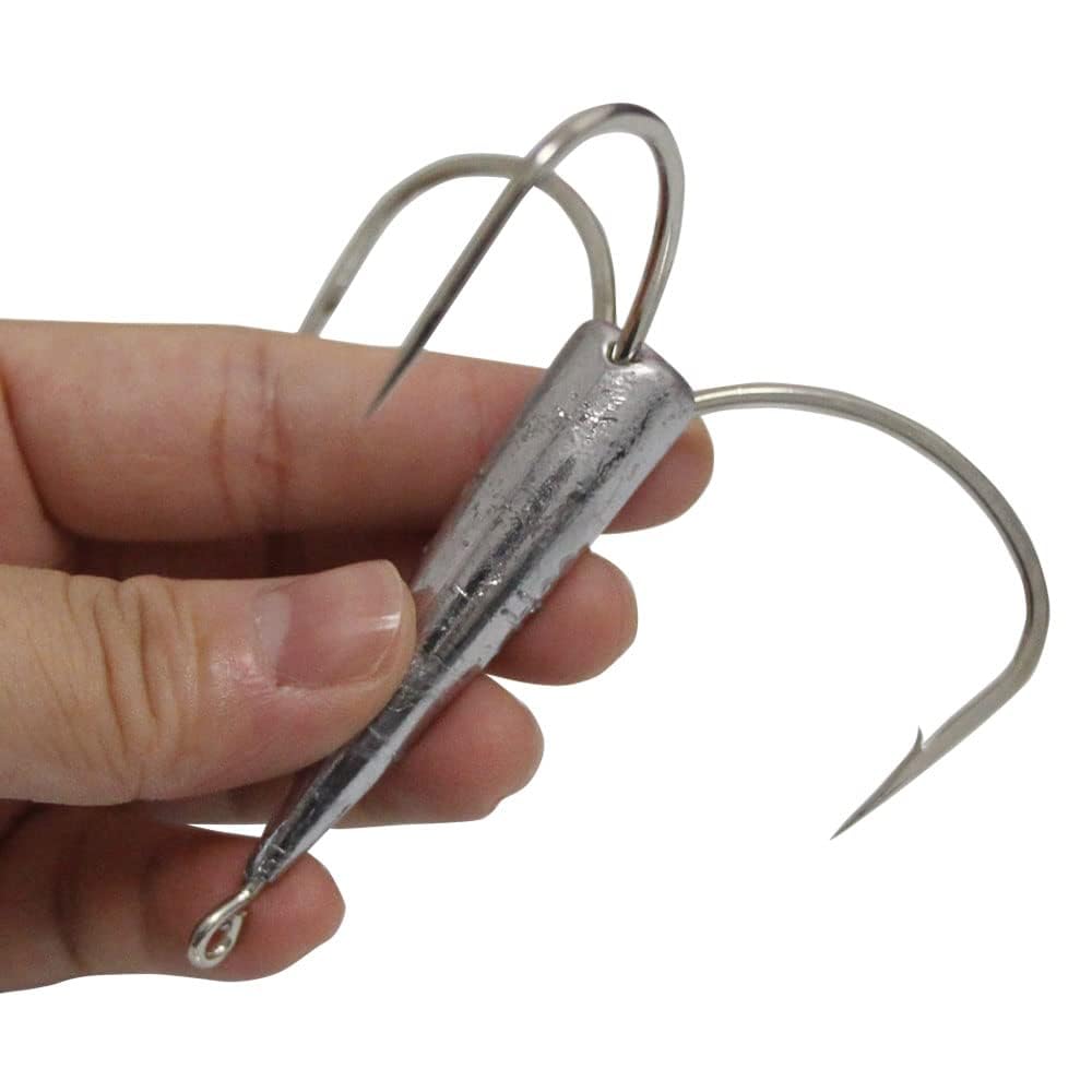 Packaging showing 2pcs per pack weighted treble hooks