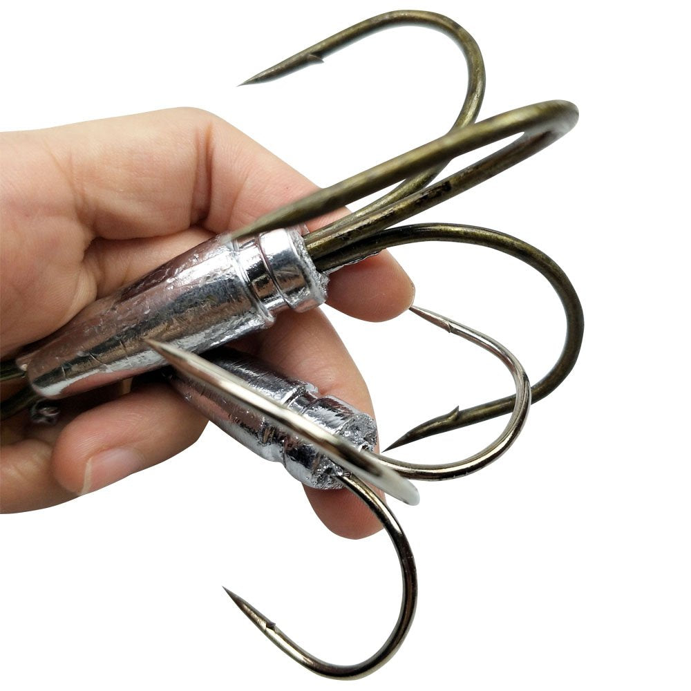 Two-pack snagging weighted treble fishing hooks in tea and silver colors