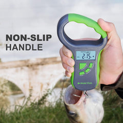 Digital fishing scale showing eight storage locations and weight