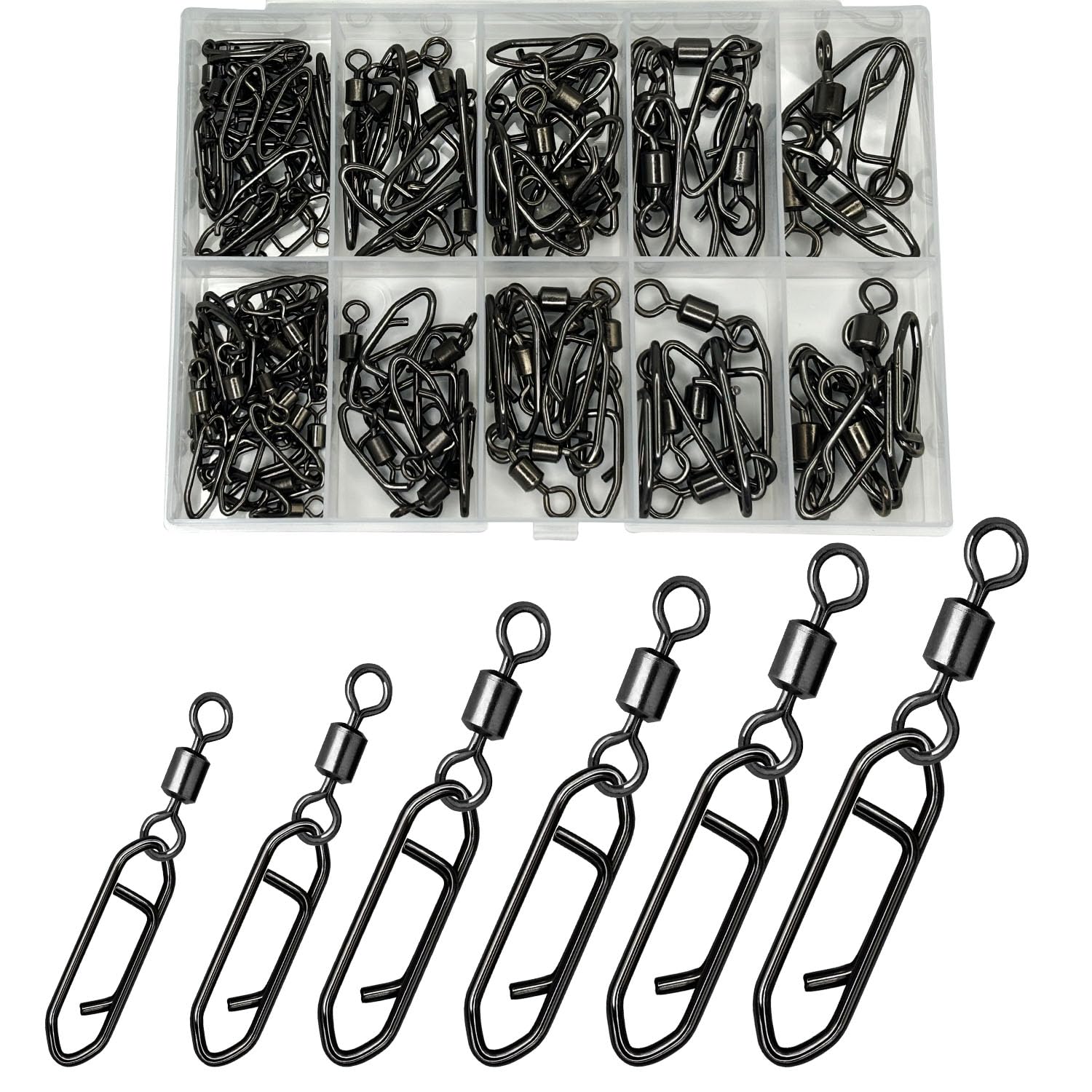 70-piece box of fishing speed clips with barrel swivel, size 4