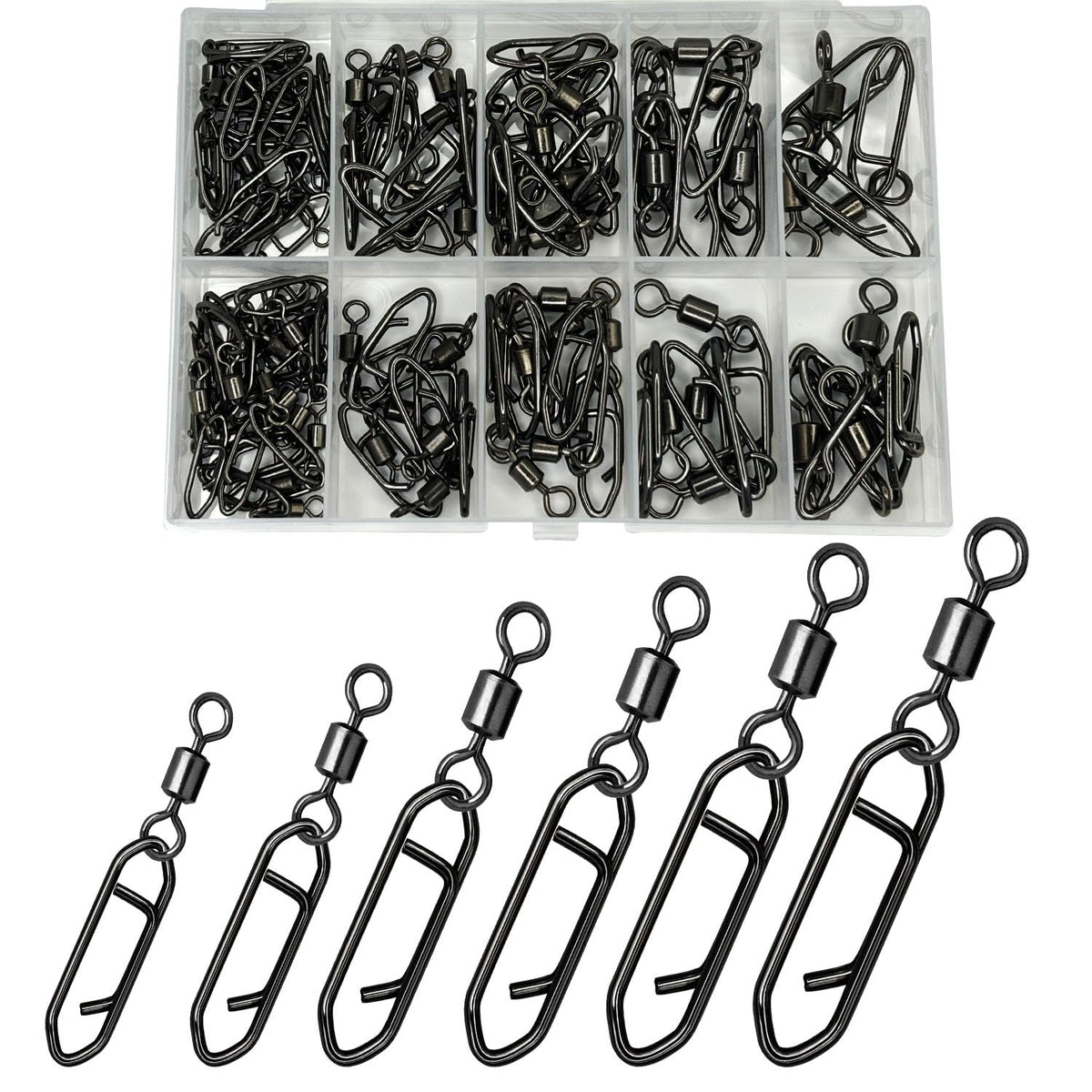 70-piece box of fishing speed clips with barrel swivel, size 4