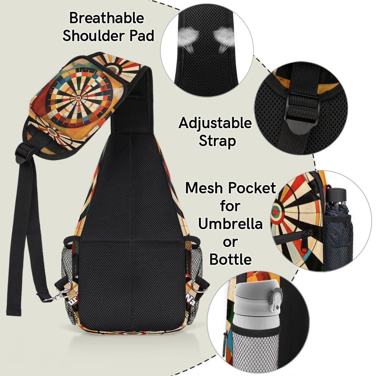 Snatocys sling bag strap detail illustrating adjustable fit for most body types