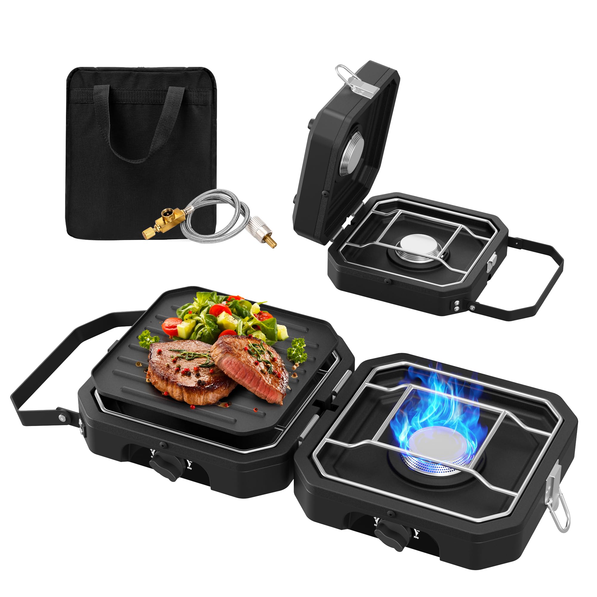 Snidomn camping stove, two burners in use, versatile outdoor meals.