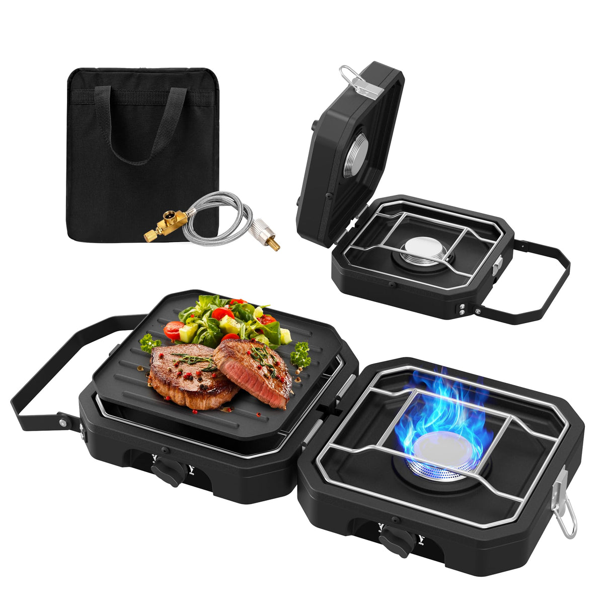 Snidomn camping stove, two burners in use, versatile outdoor meals.
