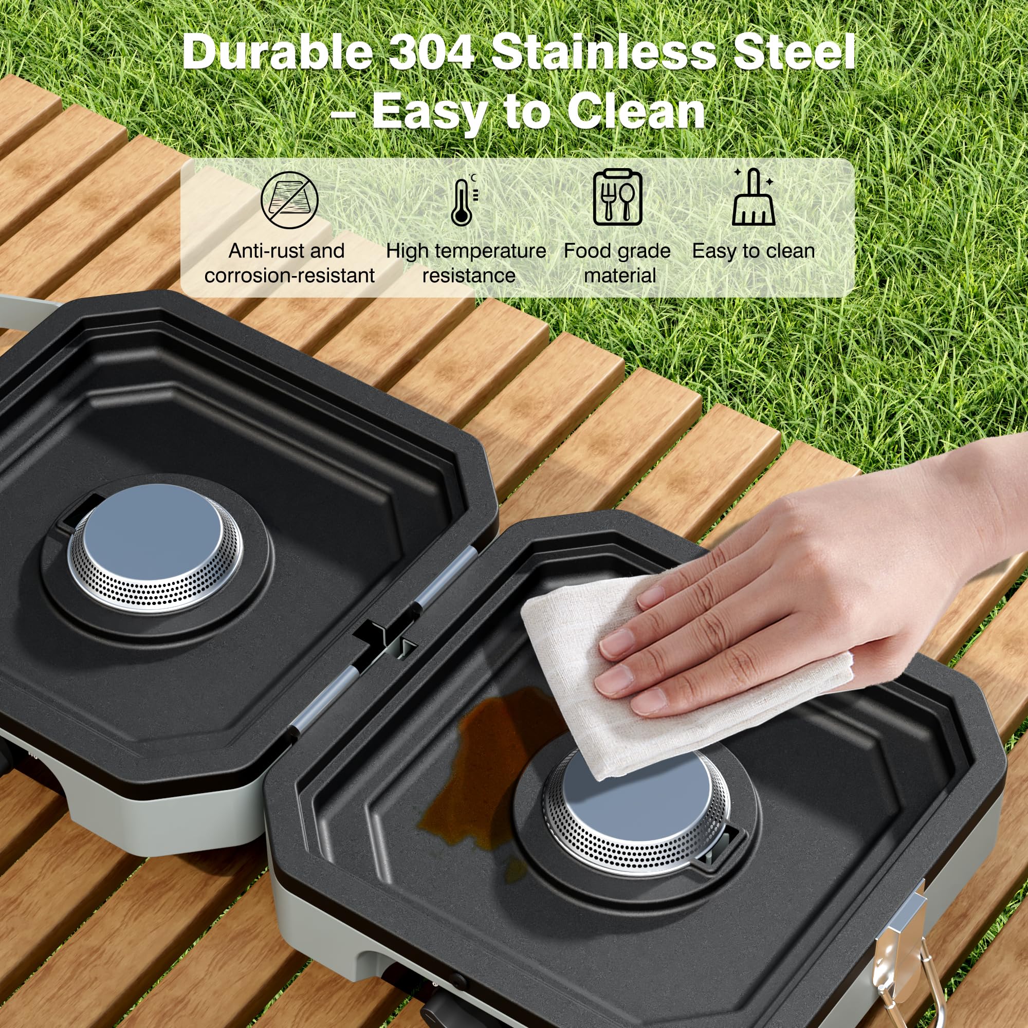 Snidomn portable stove with foldable legs fits in trunks and RV storage.