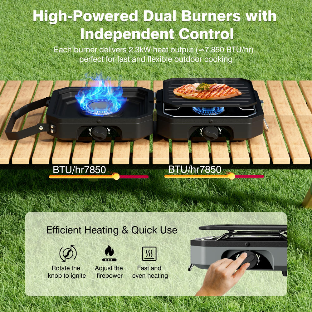 Snidomn camping stove removable griddle plate for breakfast cooking.