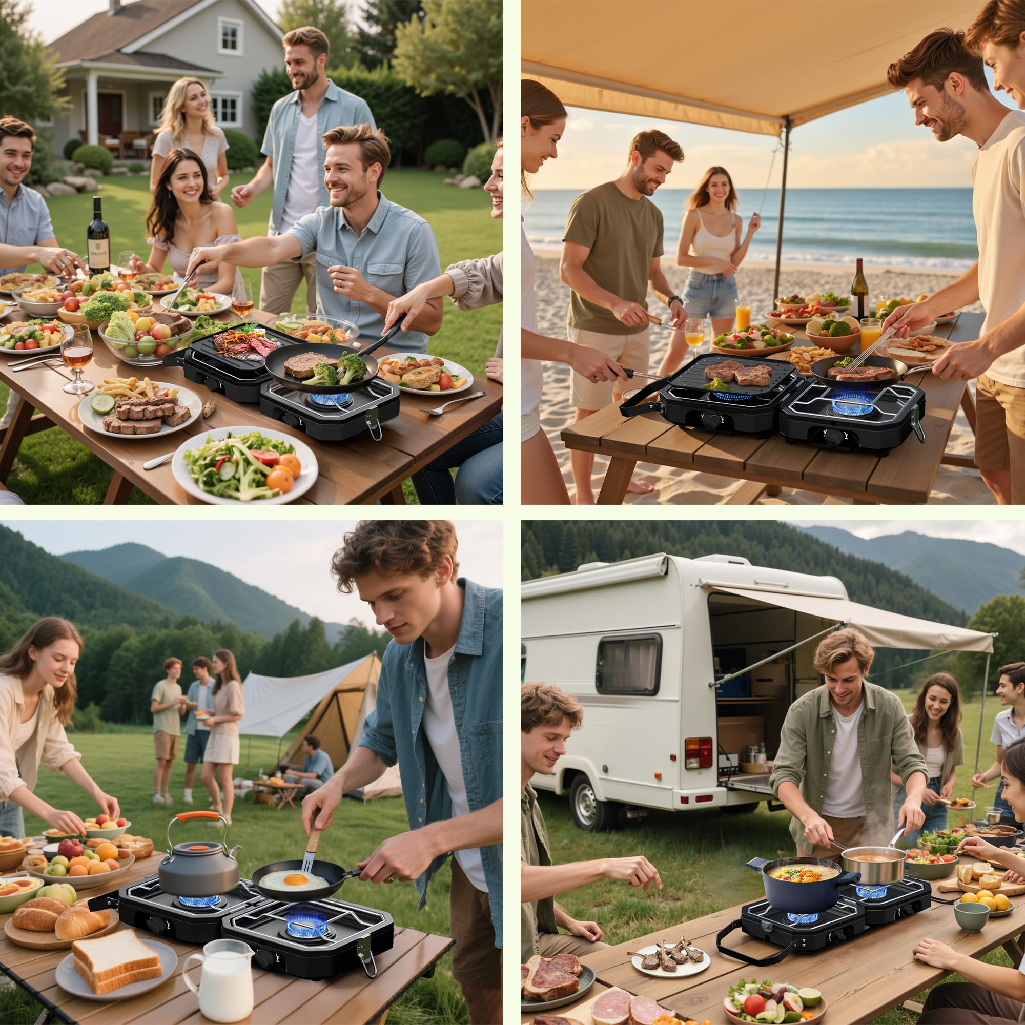 Snidomn camping stove tailgating backyard scene with two burners.