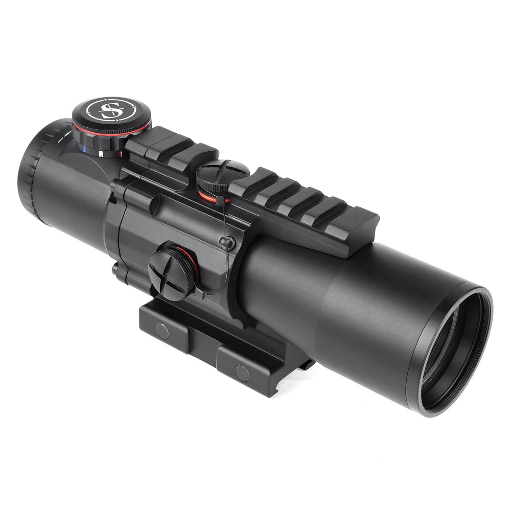 Sniper 4x prism scope rugged aluminum build withstands field use.