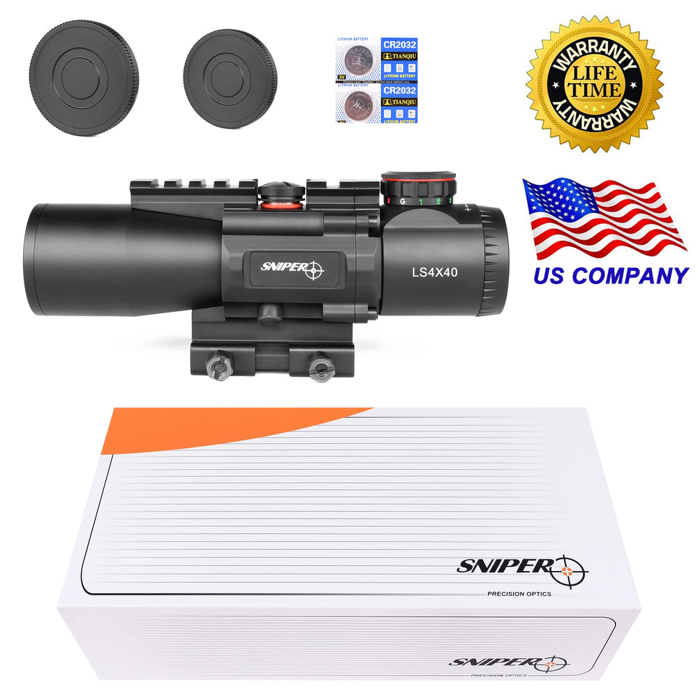 Sniper 4x prism scope windage and elevation adjustments provide precise aiming control.