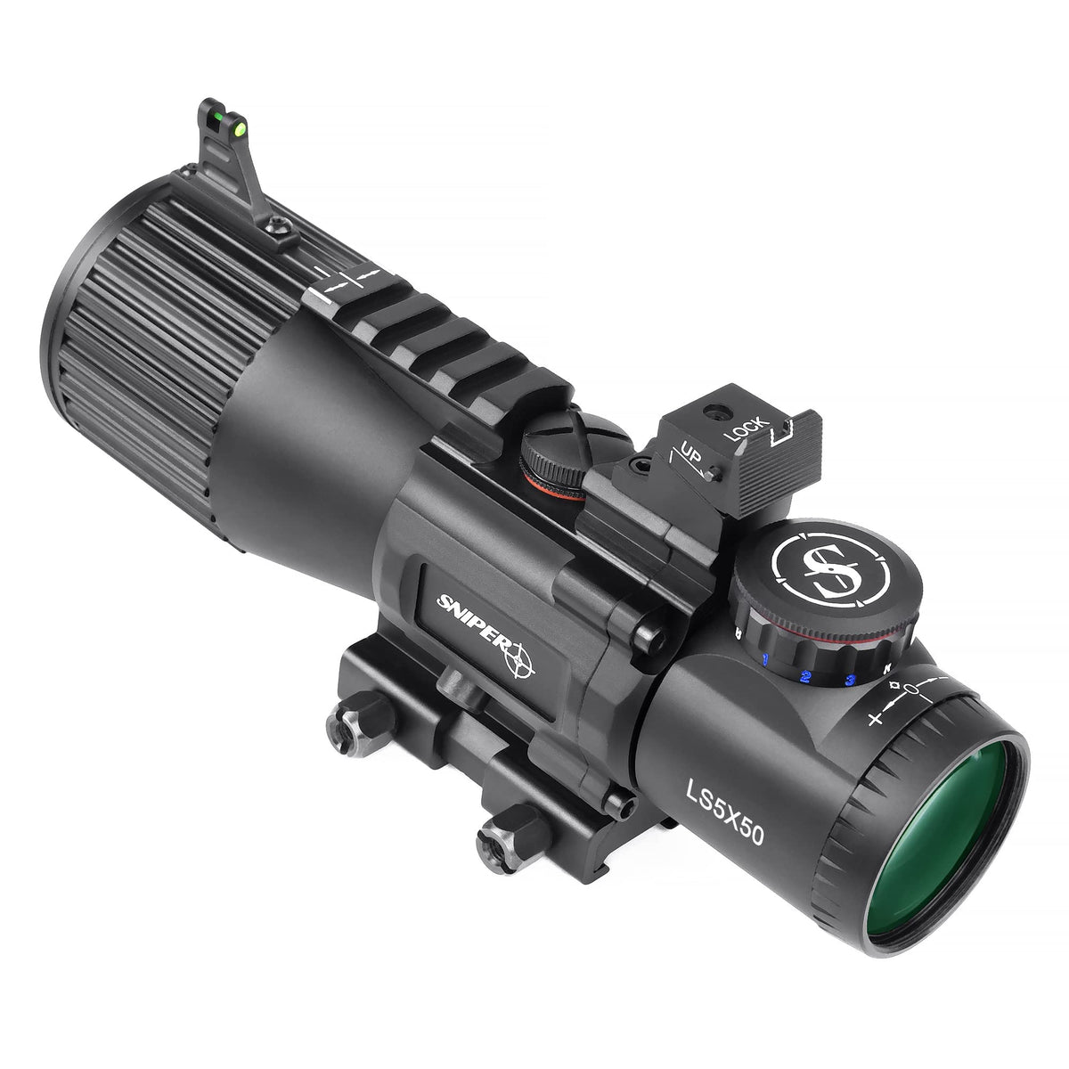 Sniper 5x50mm prism scope body shows rugged aluminum construction for durable field use.