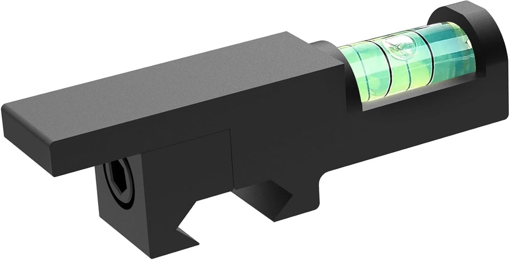 Sniper dovetail bubble level mounted under optics for precise vertical alignment.