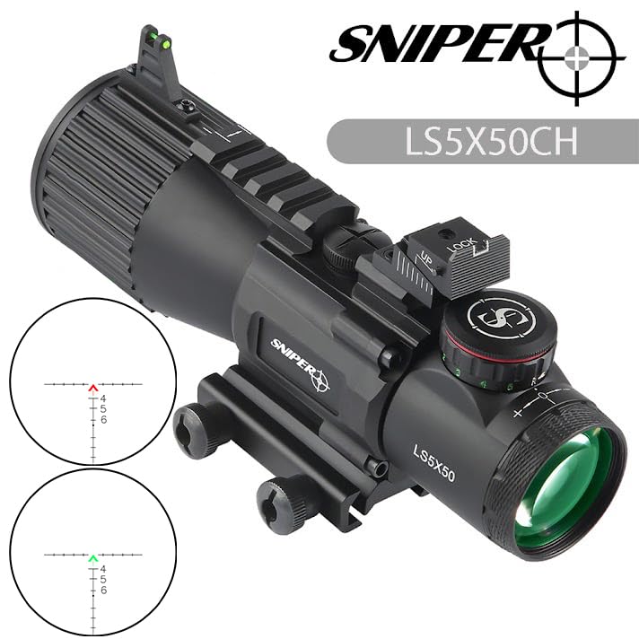 Sniper GIII LS5X50 reticle closeup highlights red, green and blue illumination options.