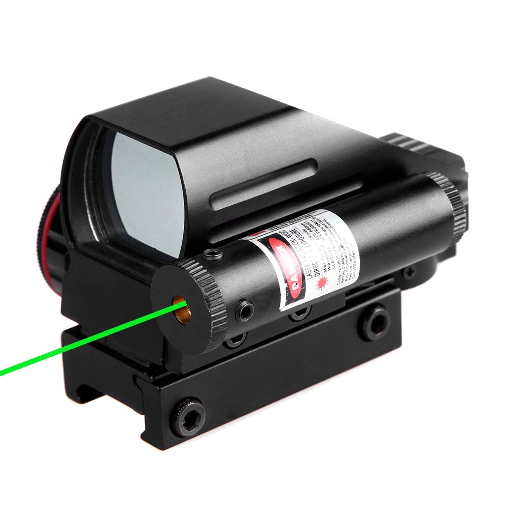 Sniper green dot laser combo with four reticles mounted on Picatinny rail for fast targeting.