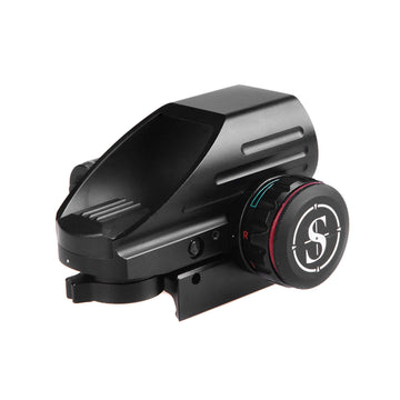 Sniper red dot laser combo with four reticles and adjustable brightness for varied lighting.