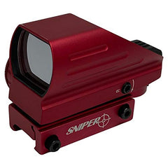 Sniper red dot sight mounted on Picatinny rail with sturdy aluminum body.