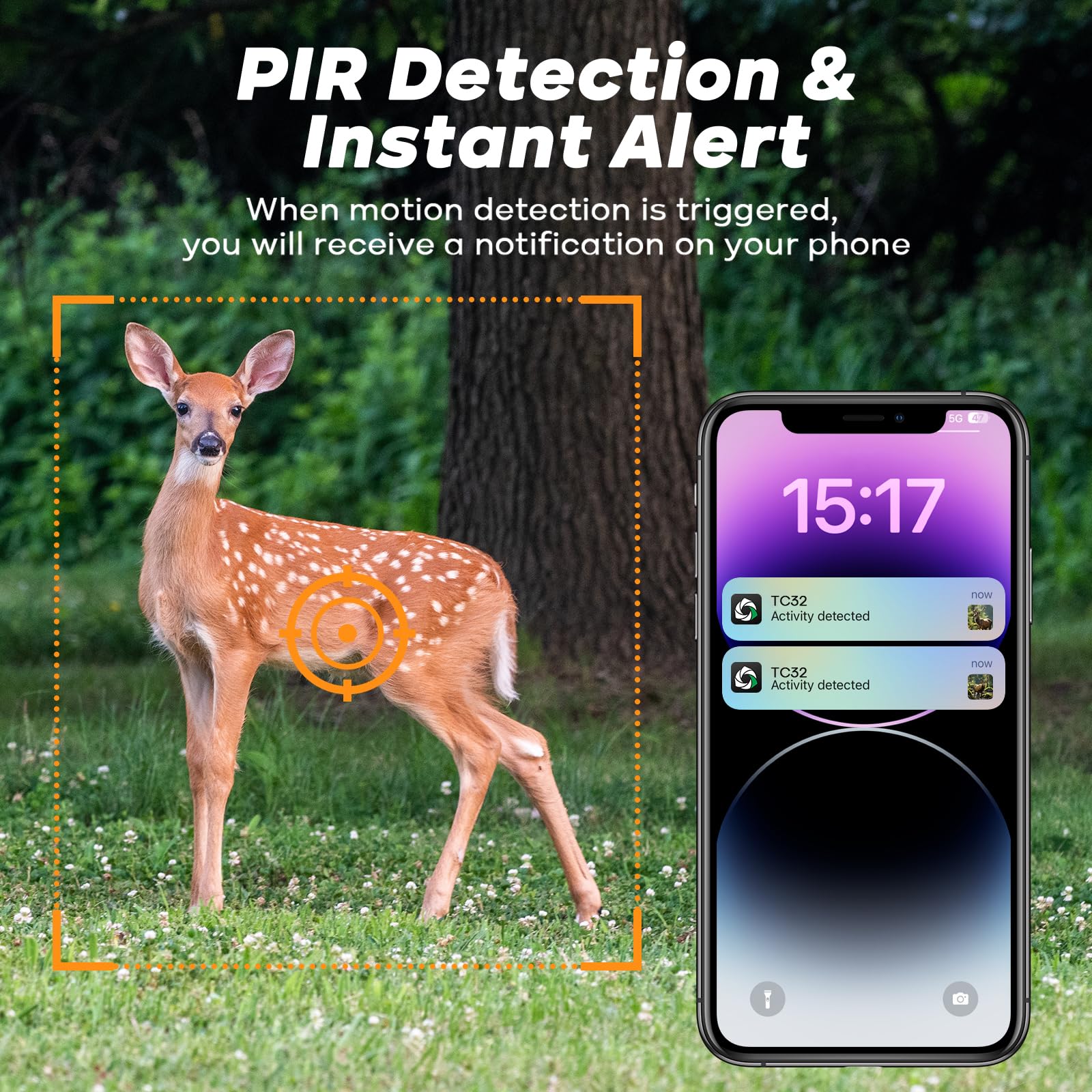 SniperView solar-powered trail camera highlighting off-grid operation and long battery life.