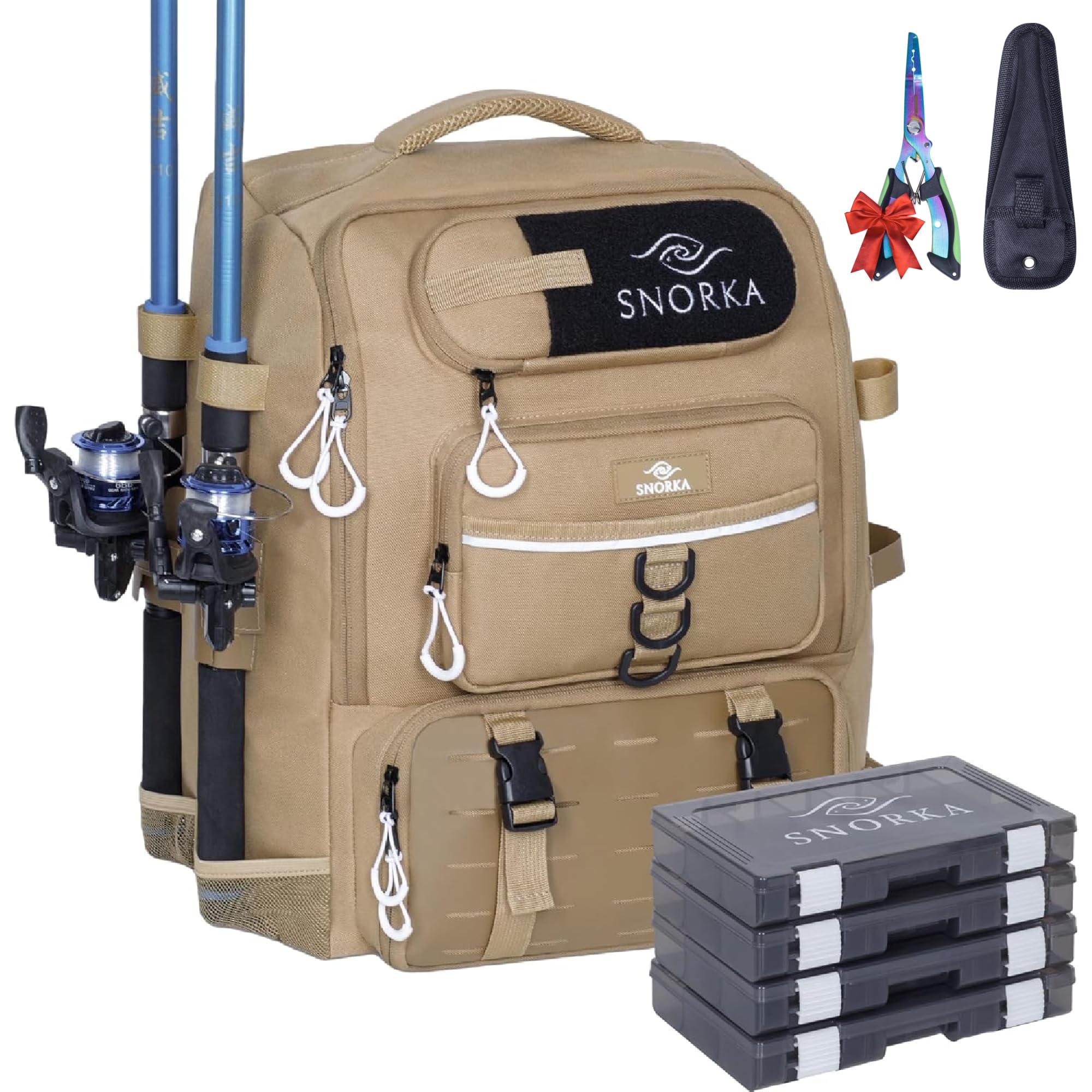 SNORKA fishing backpack with four tackle boxes on board for quick access.