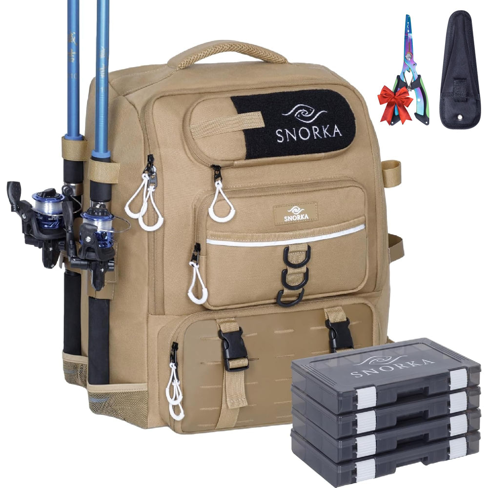 SNORKA fishing backpack with four tackle boxes on board for quick access.