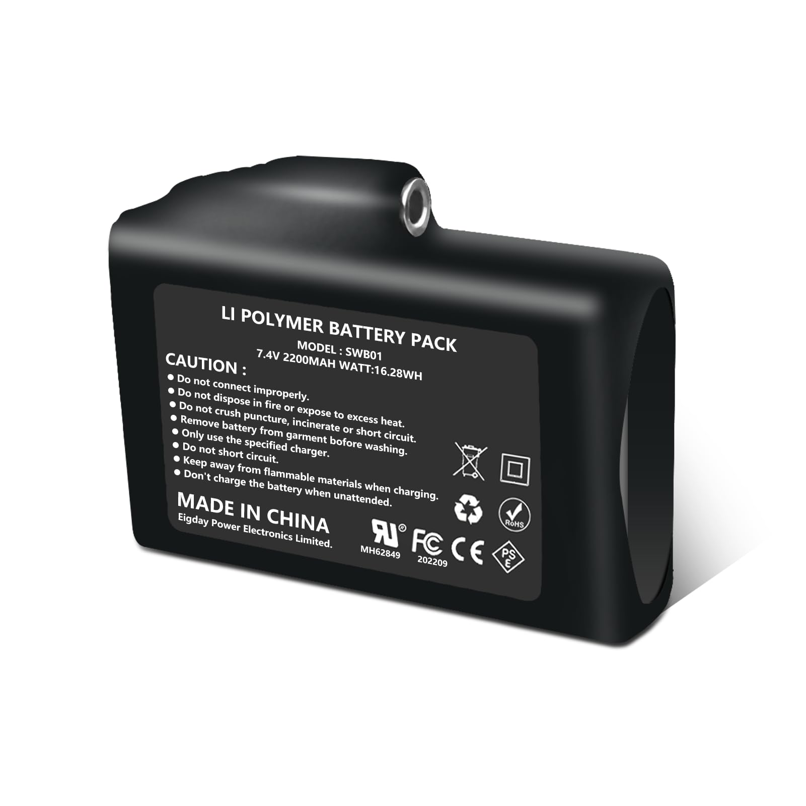 SNOW DEER 7.4V 2200mAh battery close-up showing compact power for outdoor warmth