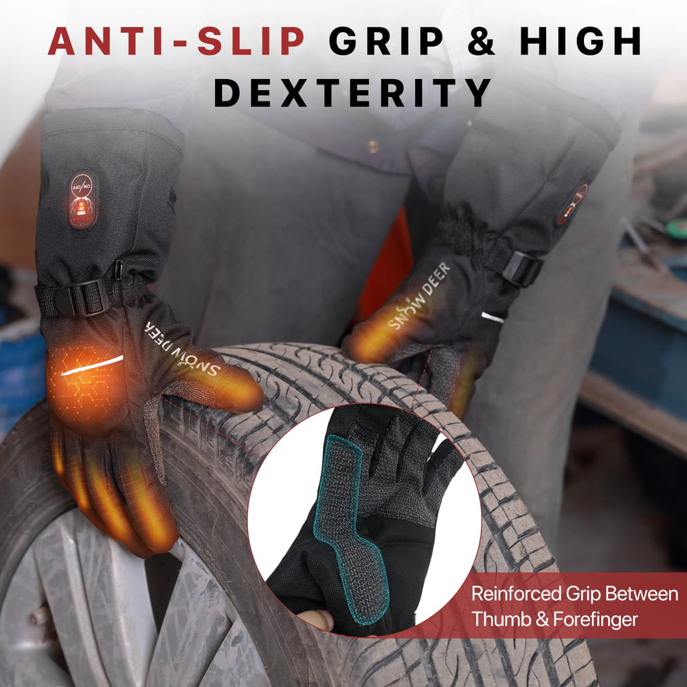 Snow DEER heated gloves feature touchscreen fingertips for device use without removing gloves.