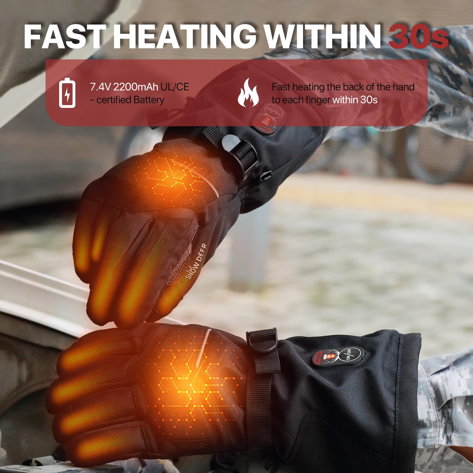 Snow DEER heated gloves waterproof layer keeps hands dry in wet conditions.