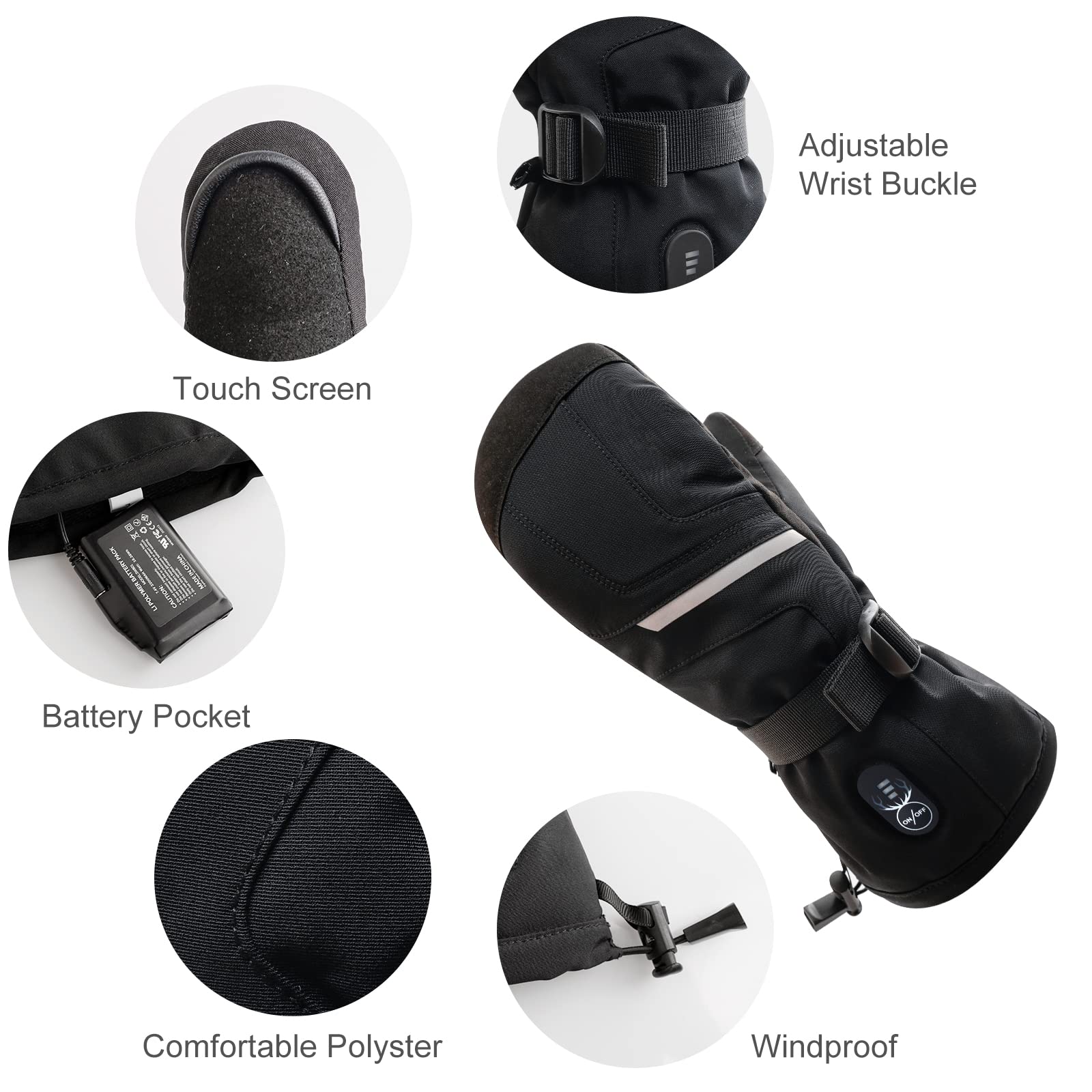 SNOW DEER mittens battery-pack detail indicates rechargeable warmth for hours