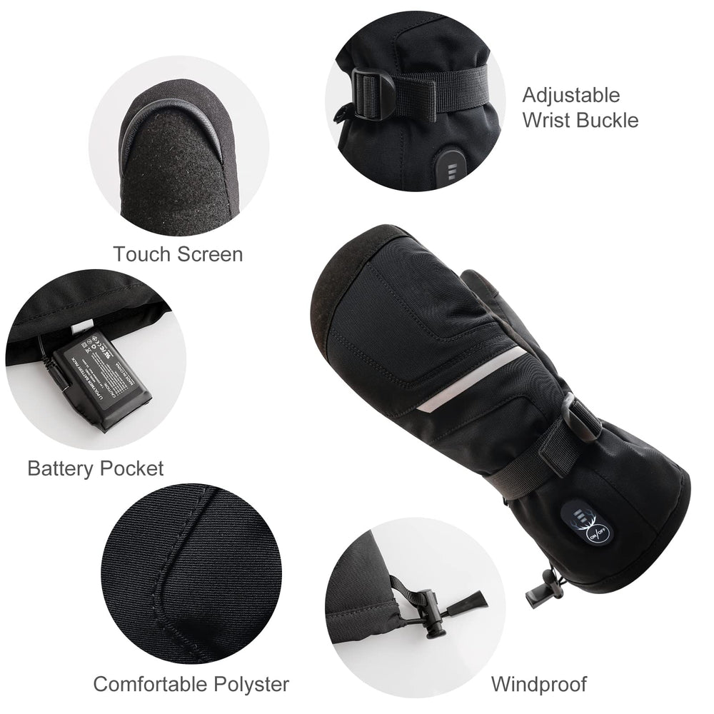SNOW DEER mittens battery-pack detail indicates rechargeable warmth for hours