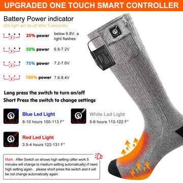 SNOW DEER heated socks showing 7.4V battery for extended warmth.