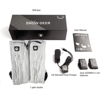 SNOW DEER packaging highlights user-friendly heated-sock features.