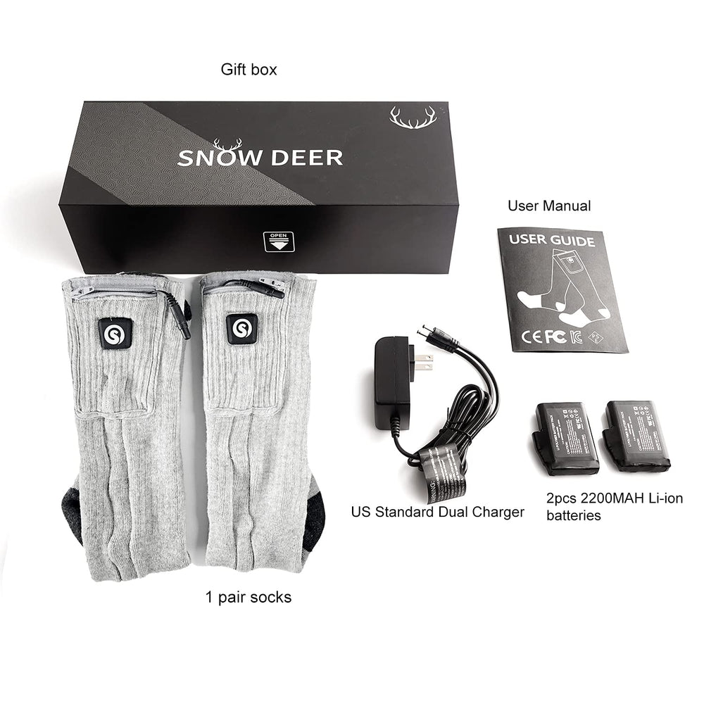 SNOW DEER packaging highlights user-friendly heated-sock features.