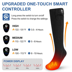 SNOW DEER heated socks heat up in 10 seconds for rapid warmth on cold days.