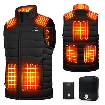 SNOW LEOPARD heated vest front view with battery pack for all-day warmth
