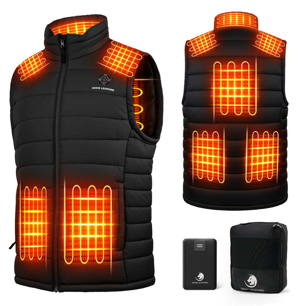SNOW LEOPARD heated vest front view with battery pack for all-day warmth