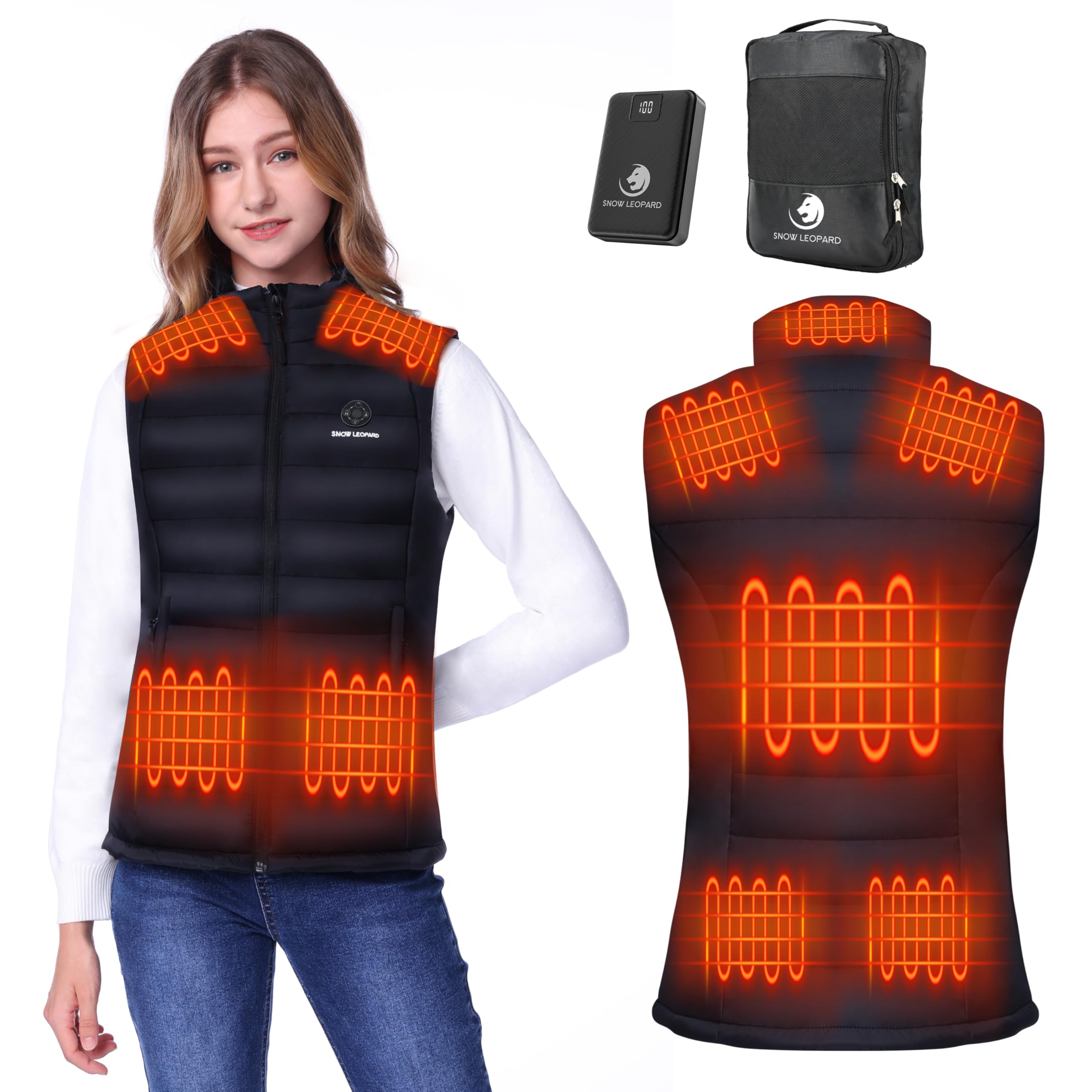 Snow Leopard women's heated vest back view highlighting heat zones across shoulders and back