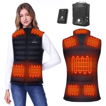 Snow Leopard women's heated vest back view highlighting heat zones across shoulders and back