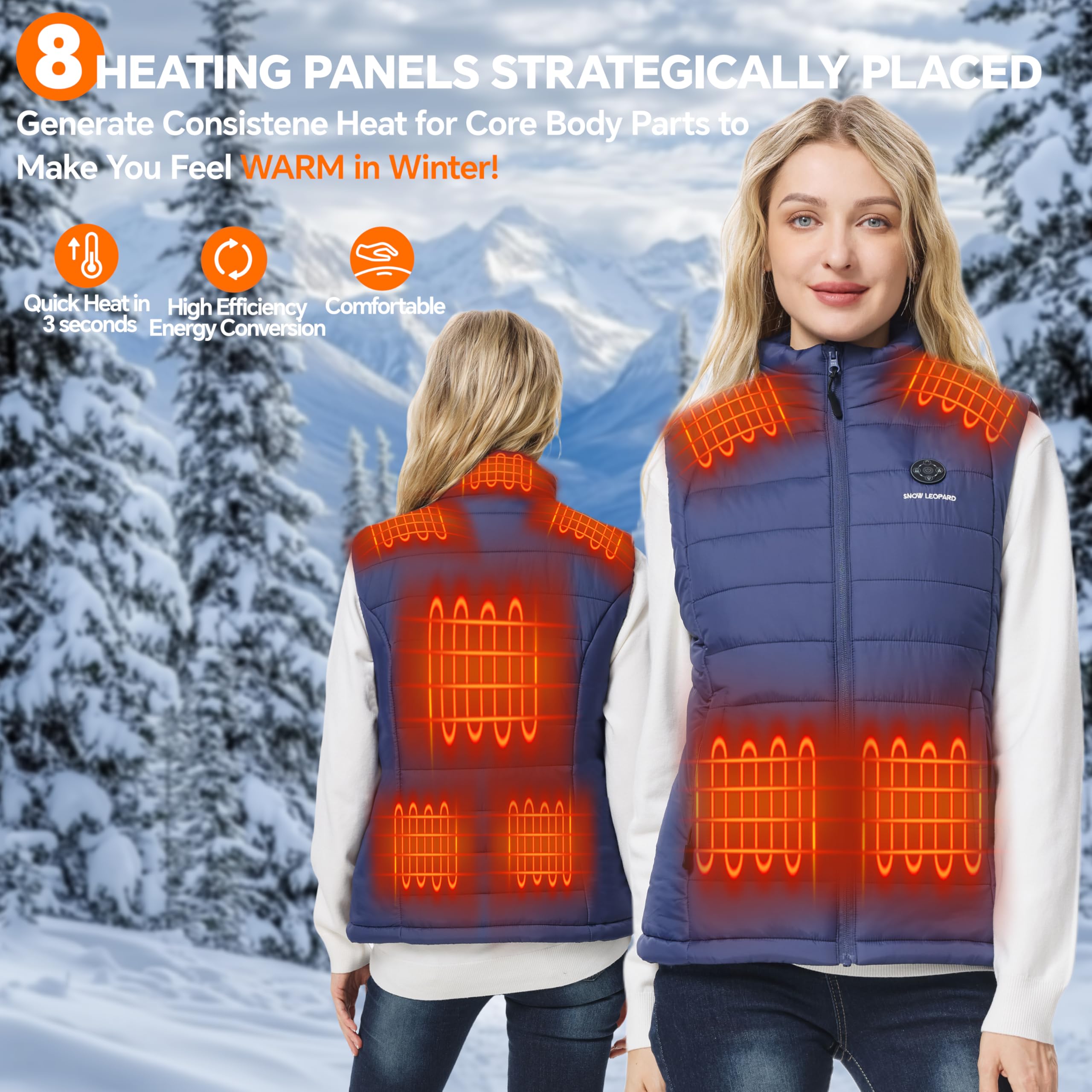Snow Leopard Heated Vest battery pack included for extended warmth.
